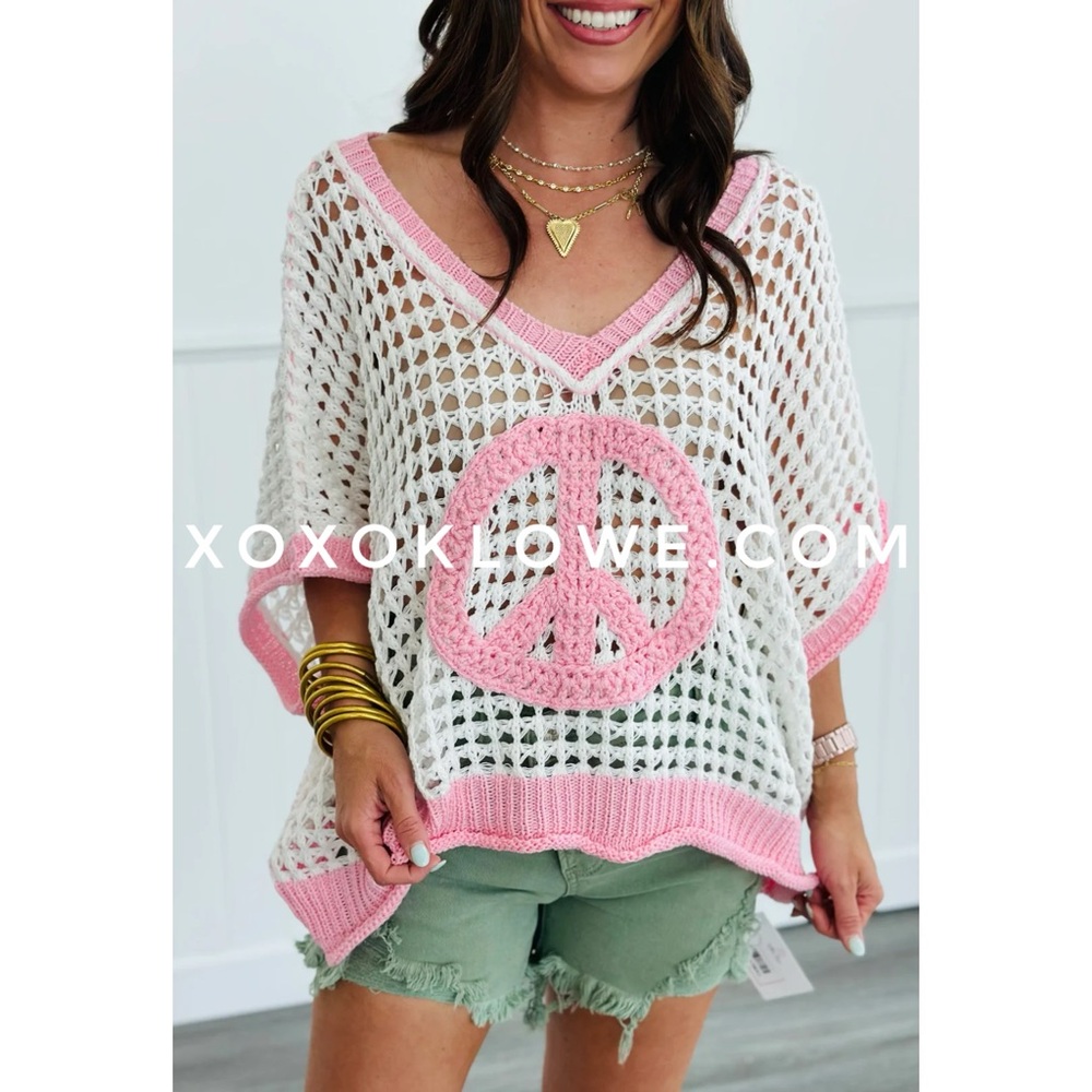POL Pink & White Open Knit V Neck Peace Sign Summer Sweater Oversized